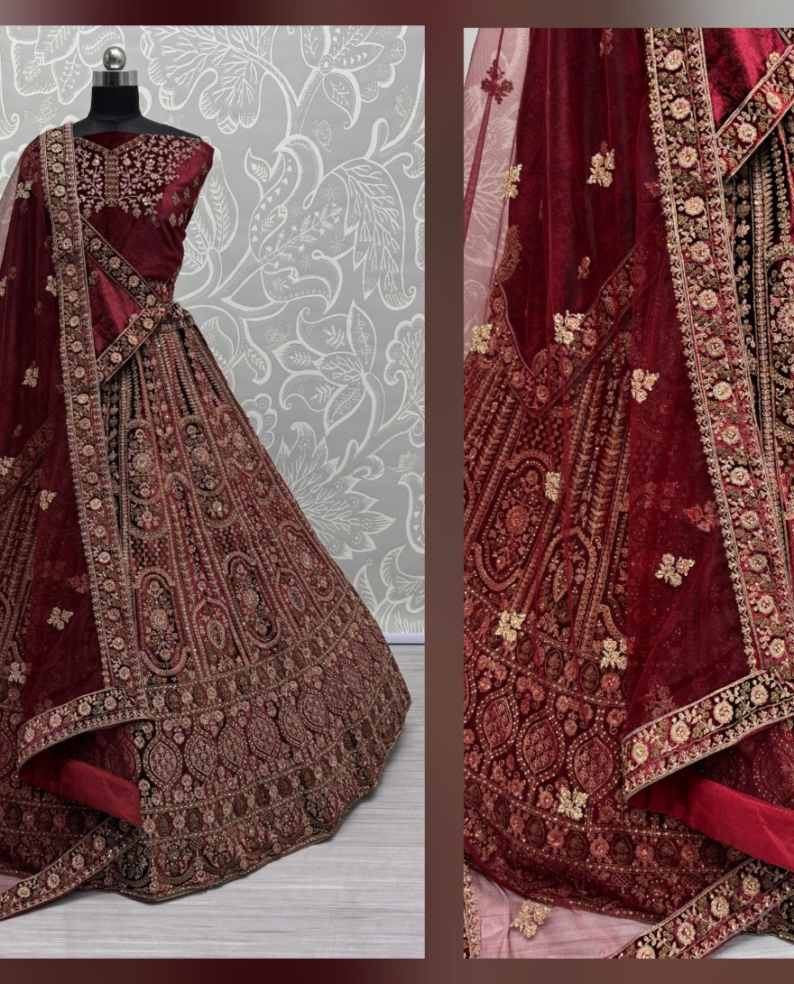 2858 - Double dupatta combine Maroon Velvet Lehenga choli in Dori work